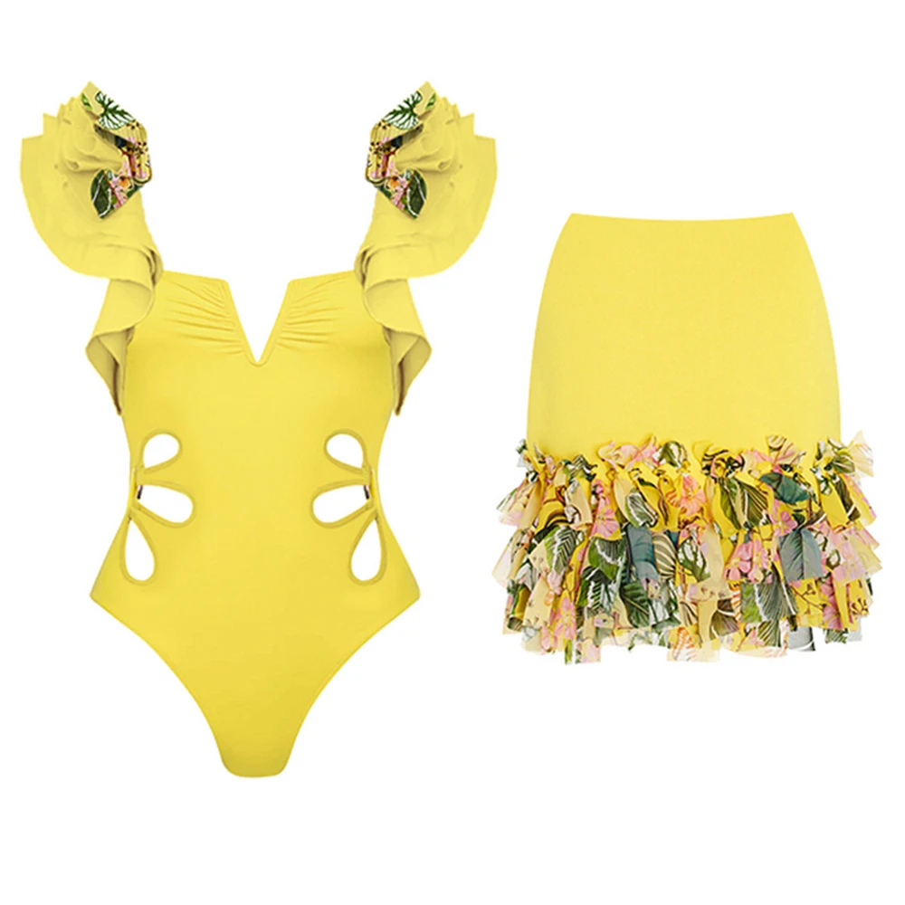 

Summer Hollow Out Swimsuit Women Yellow One Piece Swimwear Sexy V Neck Ruffles Beachwear Fashion Backless Bikini skirt 2023