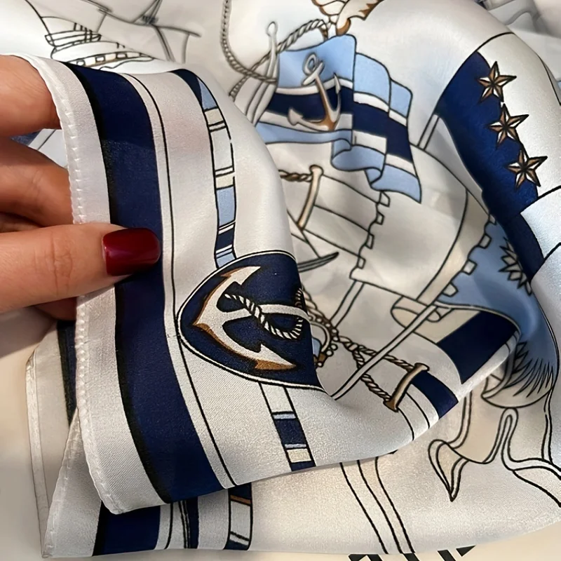 Роскошный большой квадратный шарф с морским принтом тонкий дышащий шелковистый