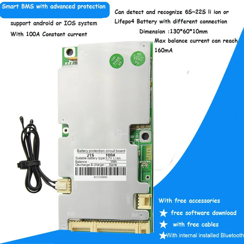 

6S 7S 8S 9S 10S 12S 13S 14S 15S 16S 20S 24V 48V 60V 72V Li ion or Lifepo4 smart Bluetooth BMS with 100A constant current LFP