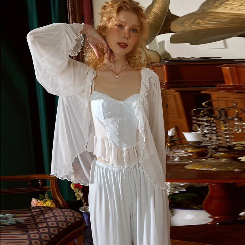 Women Spring Summer Sexy Lace Breathability Sling Cardigan with Chest Pad Gauze Modal Lounge Pajama Sets Three Piece Sleepwear