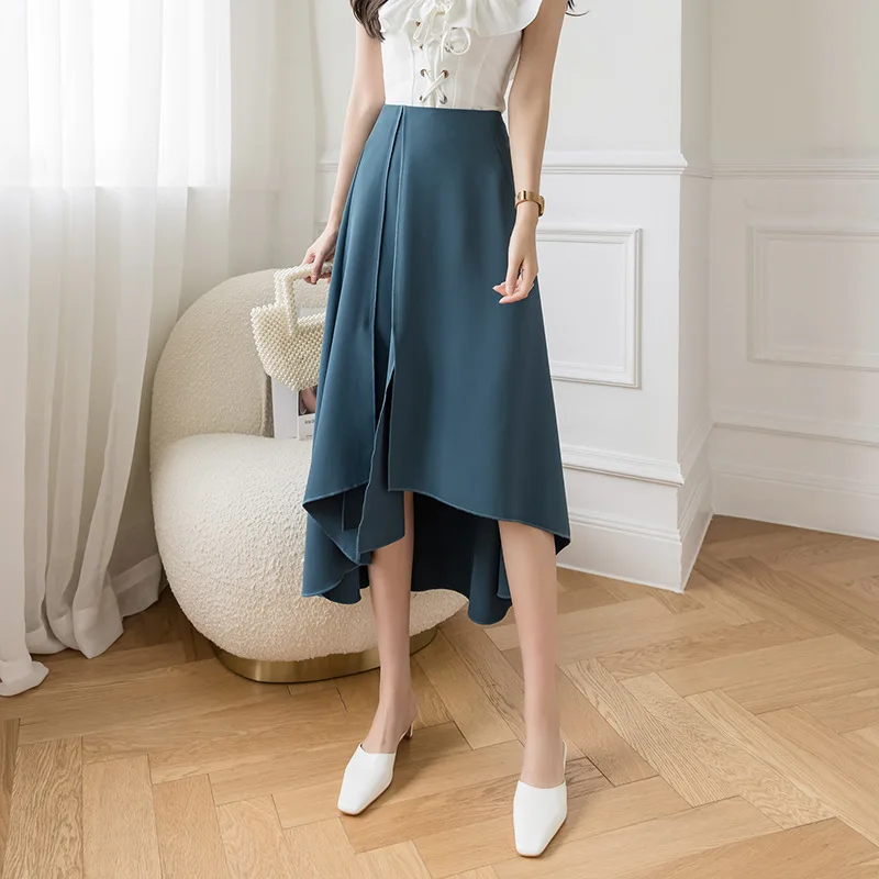 

2022 Summer New Simple Solid Color Casual Temperament A-line Skirt High Waist Thin Elegant Women Irregular Skirt Free Shipping