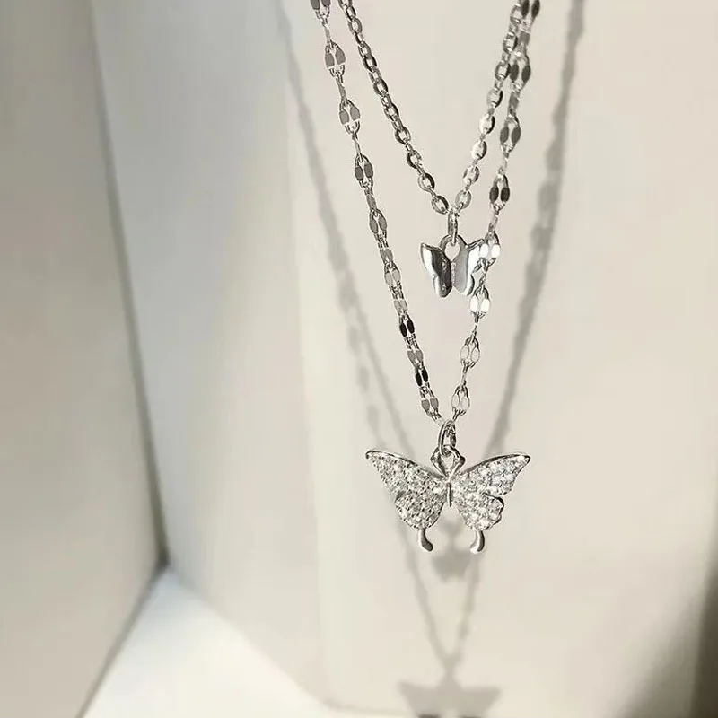 Роскошное ожерелье для женщин с бабочкой блестящая Двойная Цепочка ювелирное