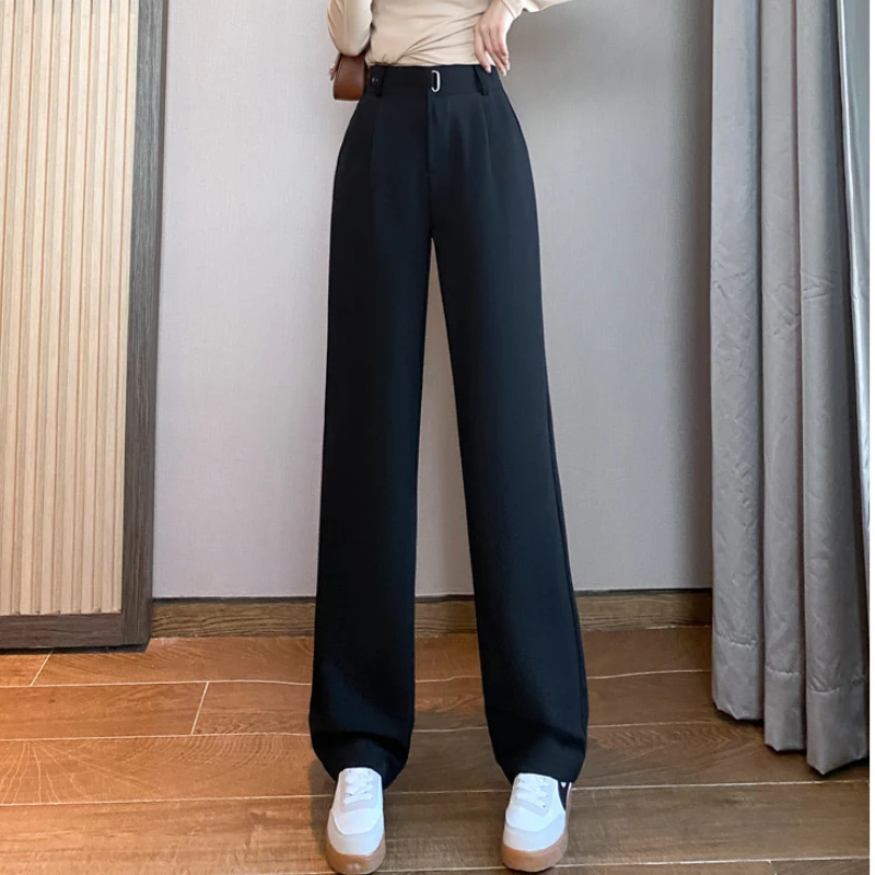 

Женские Костюмные брюки 2023, повседневные однотонные женские брюки на одной пуговице с высокой талией и широкими штанинами, свободные офисные женские длинные брюки