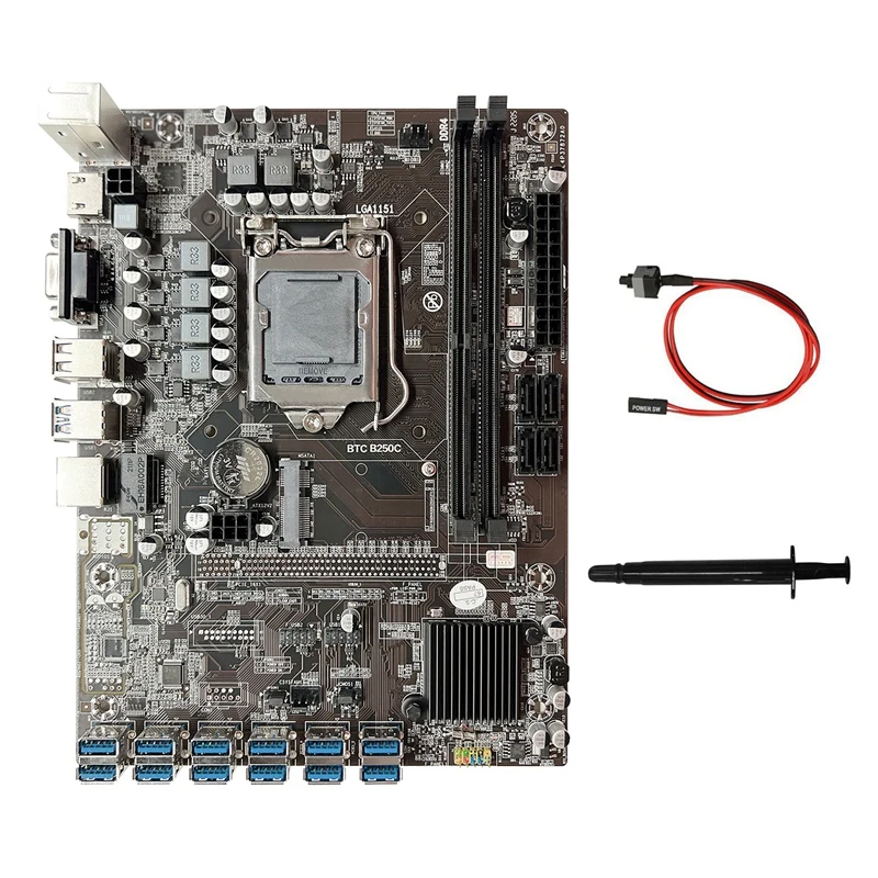 

B250C ETH Mining Motherboard+Switch Cable+Thermal Grease 12XPCIE To USB3.0 GPU Slot LGA1151 For ETH Miner Motherboard