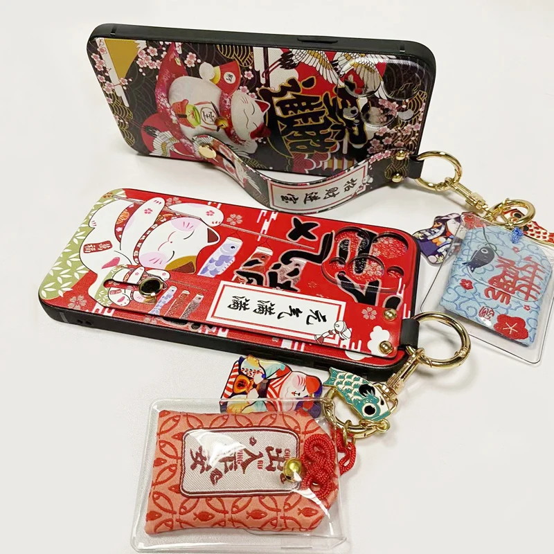 Lucky Cat Wristband Bracket Shell for iPhone 11 12 13 14 Pro Max XS MAX XR Ornament Soft Back Cover for iPhone X 8 7 6 6S Plus