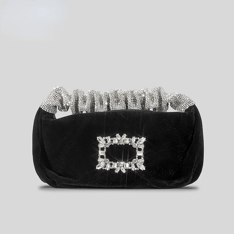Fashion Velour Rhinestone Evening Bag Ruched Diamonds Handle Women Handbags Luxury Party Small Hobos Party Purse Female Bag 2023