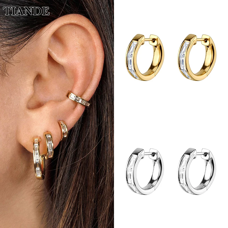 

TIANDE Gold Silver Filled Hoop Earrings for Women Piercing Rectangle CZ Zircon Women's Huggie Earrings 2022 Jewelry Wholesale