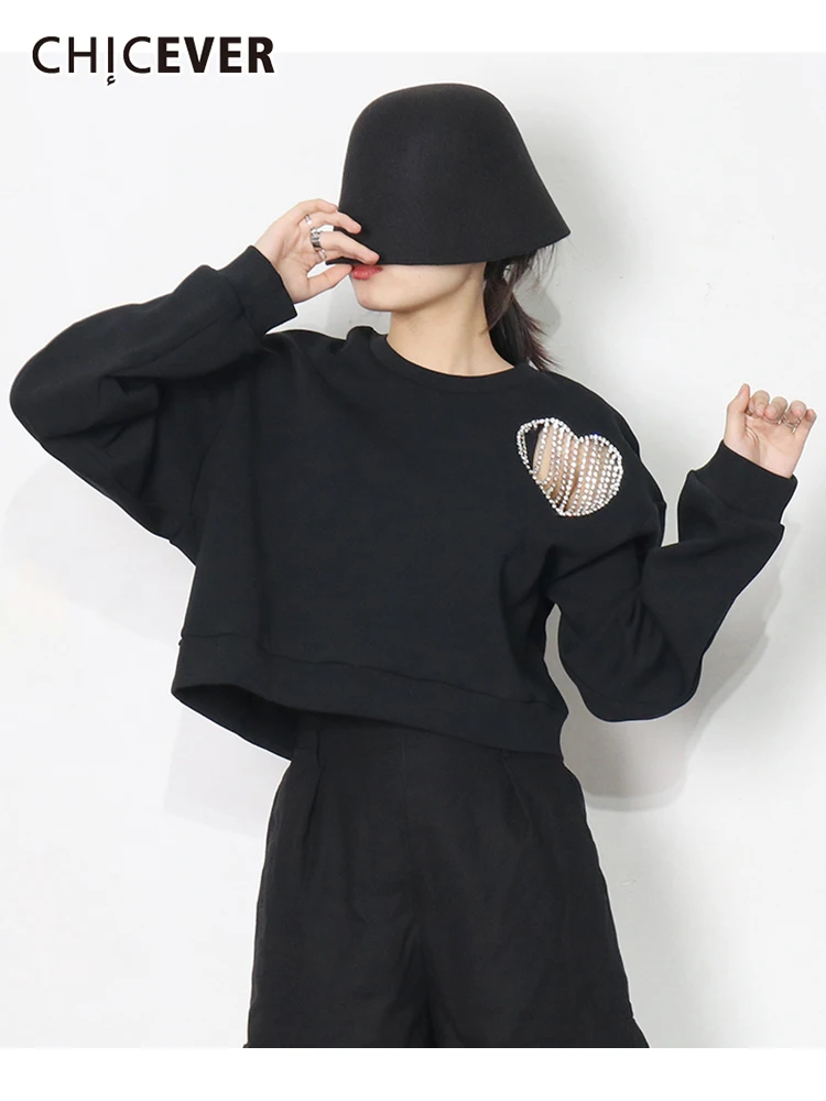

CHICEVER Black Casual Sweatshirt For Women Round Neck Long Sleeve Hollow Out Loose Sweatshirts Female 2022 New Clothing Fashion