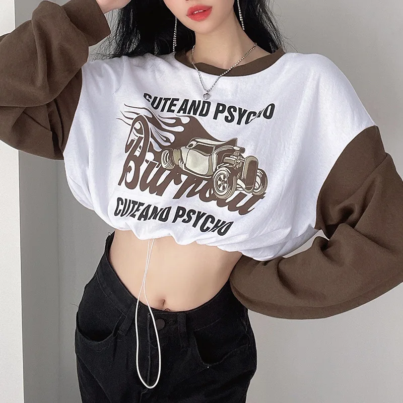 

Женские Лоскутные Топы с буквенным классическим принтом автомобиля, пуловер с круглым вырезом, свитшоты с завязкой на талии, свободная коро...