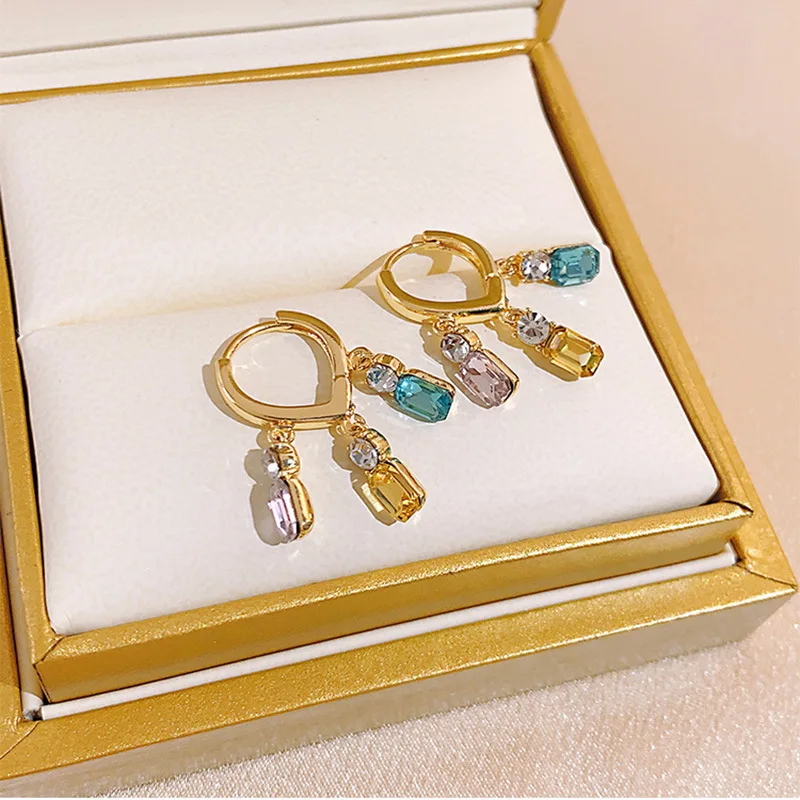 

Exquisite Multi Color Rhinestone Tassel Ear Buckle Luxury Gold Square Earrings Valentine's Day Gifts Banquet Earrings Jewelry