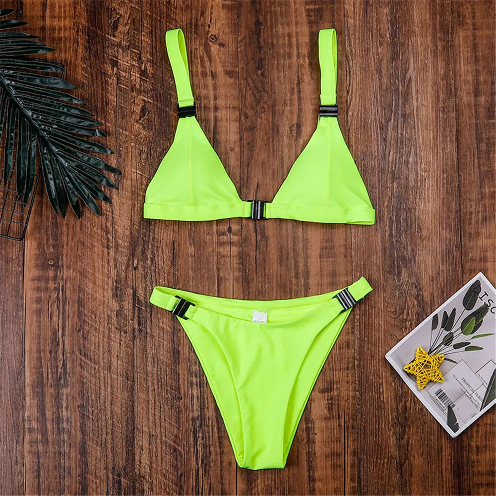 

Флуоресцентные зеленые женские купальники из двух частей для женщин, сексуальный женский купальник на завязках