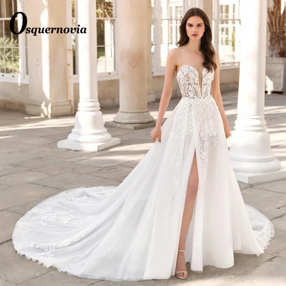

Osquernovia Luxury Slit Backless A-line Wedding Dresses For Brides Sweetheart Appliques Button Abito Da Sposa Personalised