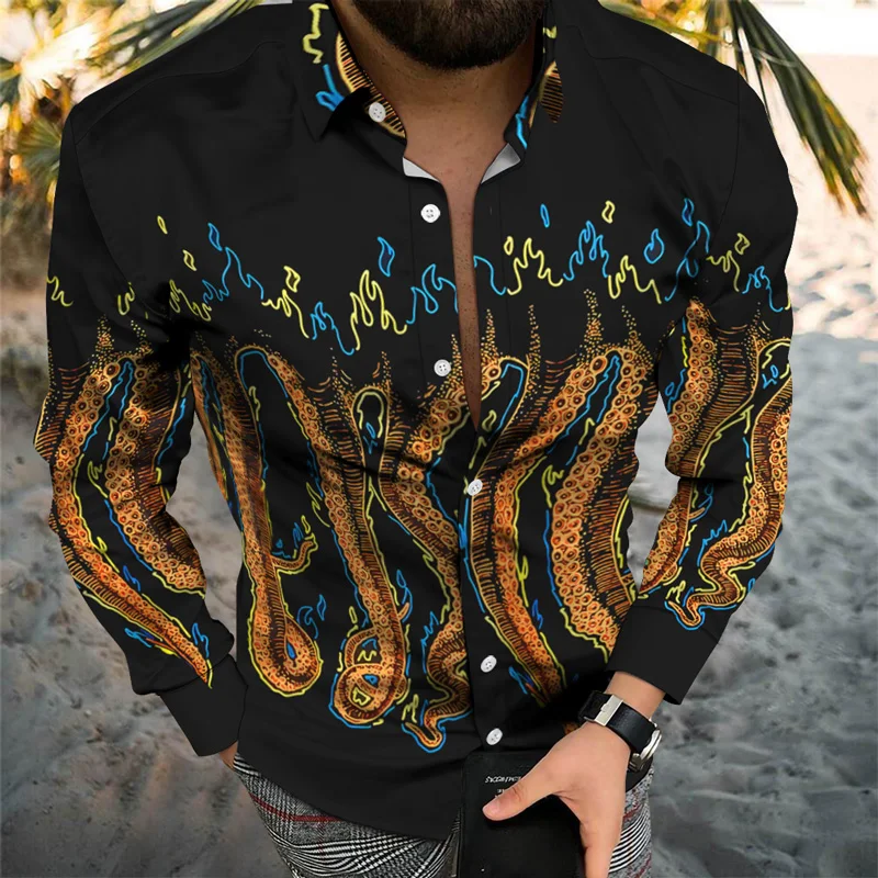 Streetwear Camisa Masculina Social Men Shirts Turn-Down Collar Chemise Homme Casual Octopus Print Long Sleeve Shirt Ropa Hombre