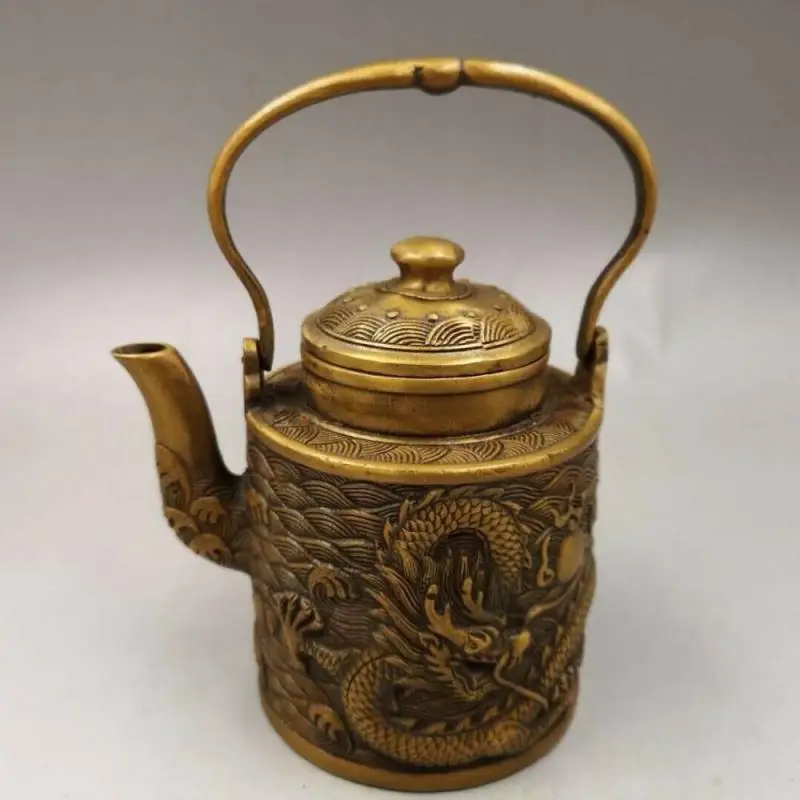 

Chinese Antique Old copper Brass hand-made wealth lucky Dragon teapot flagon kettle Tea pot