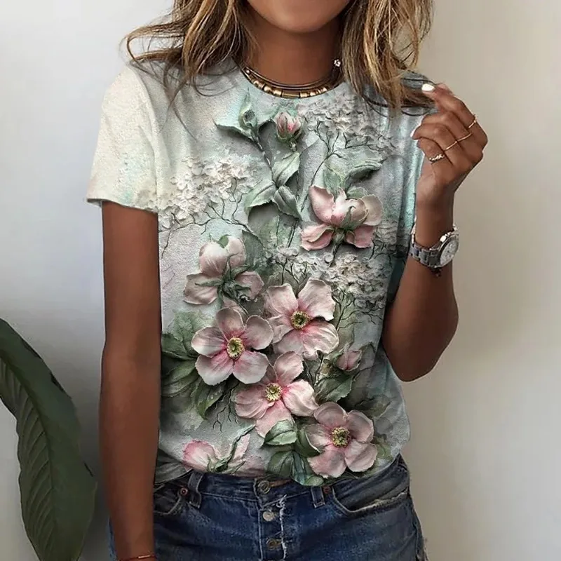 

2023 Summer Women's T-shirt Casual Hot Fashion Flower and Plant Theme Clothing Basic Women's Top Print Large Pullover Large