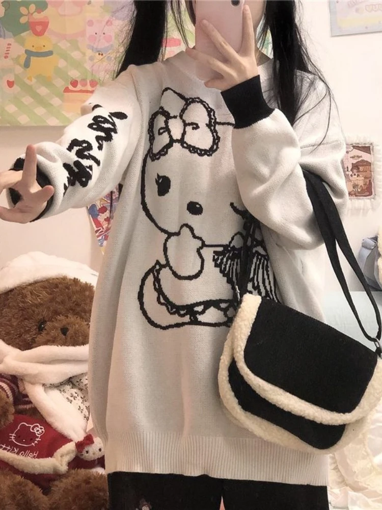 

HOUZHOU Y2k Harajuku Kawaii Cute Knitted Pullovers Japanese Fashion Cartoon Embroidery Soft Gril Loose Sweater Preppy Style 2023