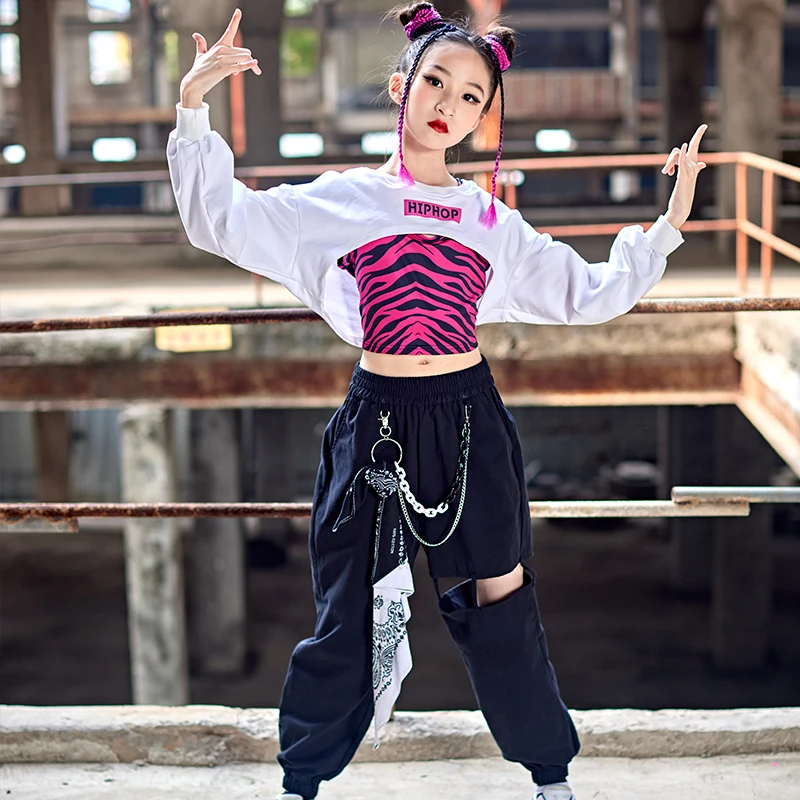 

2022 Children Jazz Modern Dance Rave Clothes White Crop Tops Loose Pants Kpop Outfits For Girls Hip Hop Dance Clothing DN13167