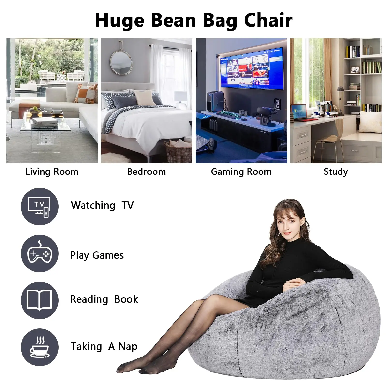 Круглый стул-мешок серый бархатный пушистый ленивый диван с пеной эффектом