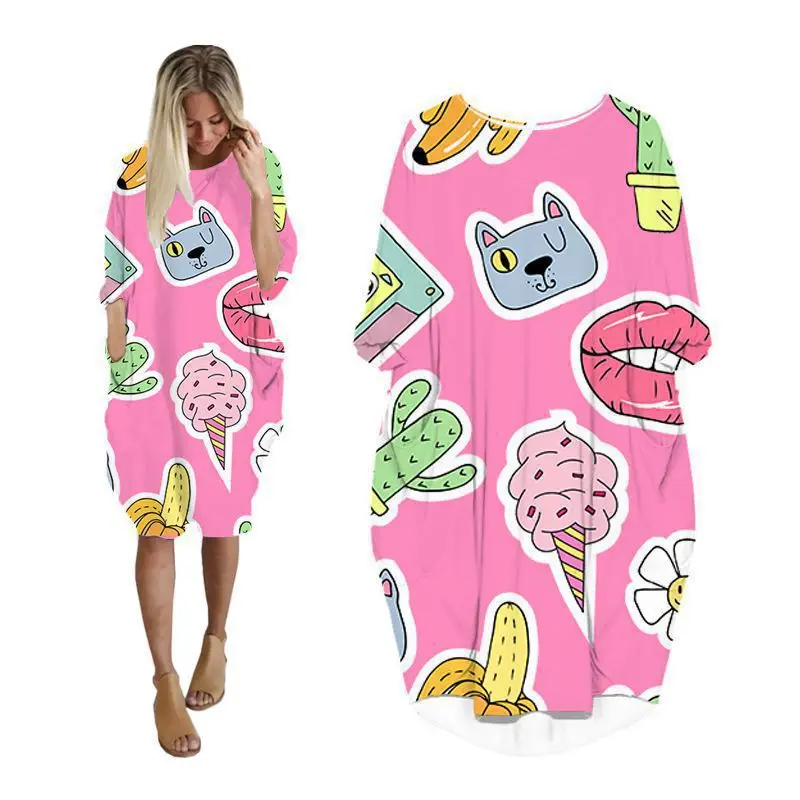 

dresses for womens pocket batwing long sleeve woman clothing korean fashion plus size ladies clothes female dress graffiti TY