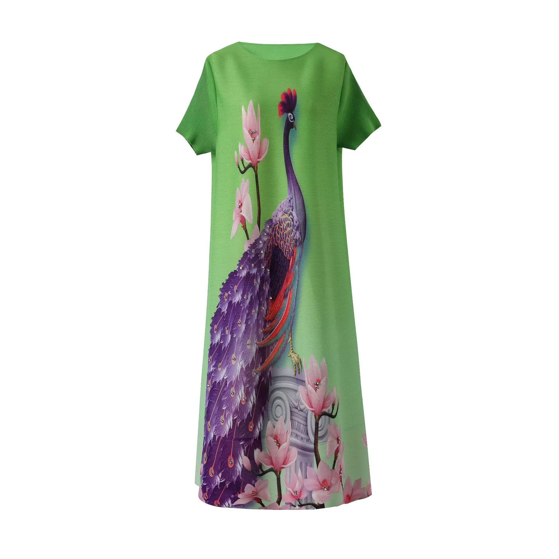 

Miyake pleated autumn peacock print hot diamond loose dress casual shaking skirt female