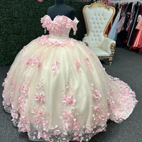 ivory princess quinceanera dresses ball gown off shoulder 3d rose flowers puffy sweet 16 dress celebrity party gowns graduation
