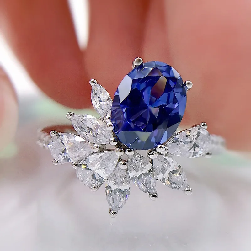 

SpringLady 925 Sterling Silver Sapphire Created Moissanite Gemstone Ring Wedding Cocktail Rings for Women Fine Jewelry