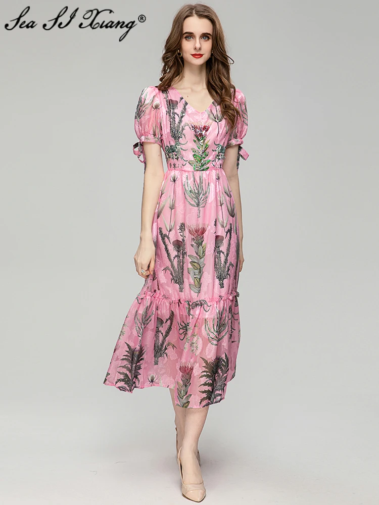 

Женское винтажное жаккардовое платье Seasixiang, дизайнерское летнее платье с V-образным вырезом, рукавами-фонариками, кристаллами, блестками и цветочным принтом