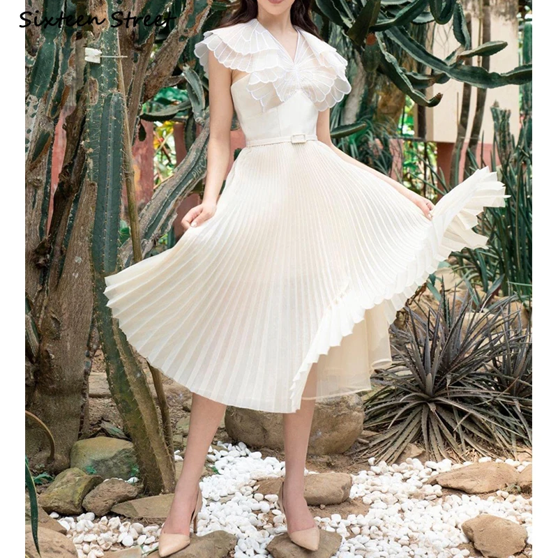 

Vintage Pleated Dress for Women V Neck Sleeveless 2022 Summer Elegant Bodycon Dress A-line Ruffles Beach Vacation Vestidos