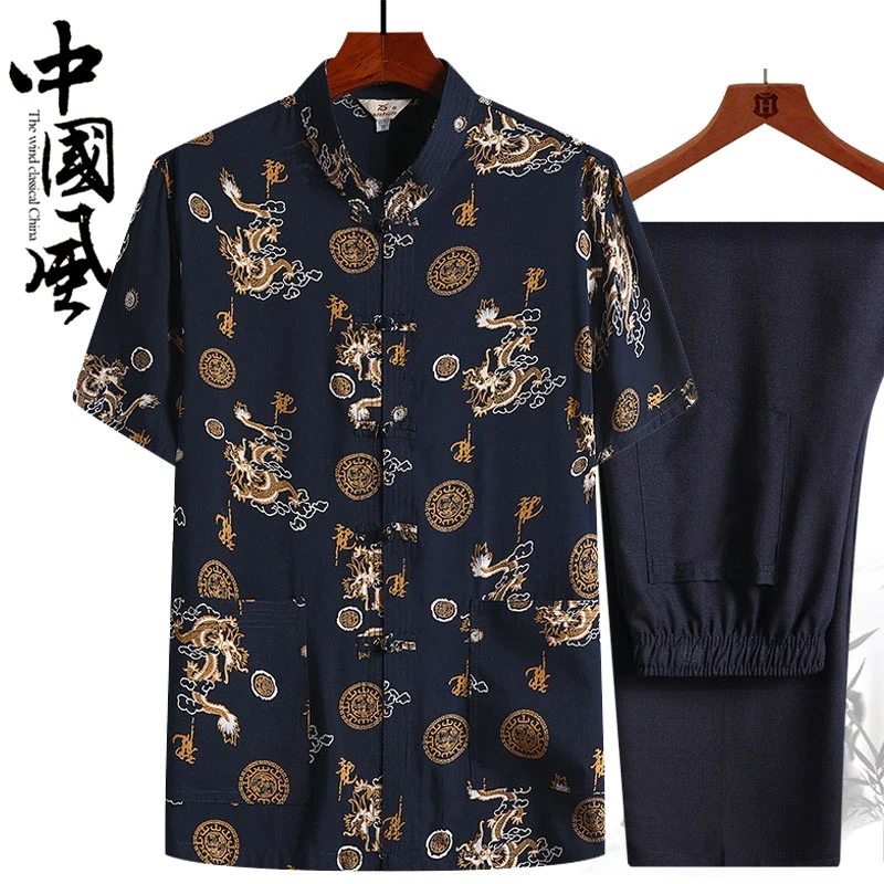 

Summer Plus Size Dragon Print Exercise Clothing for Men Kungfu Clothing Cotton Chinese Tang Suit Traditional Tai Chi Uniform