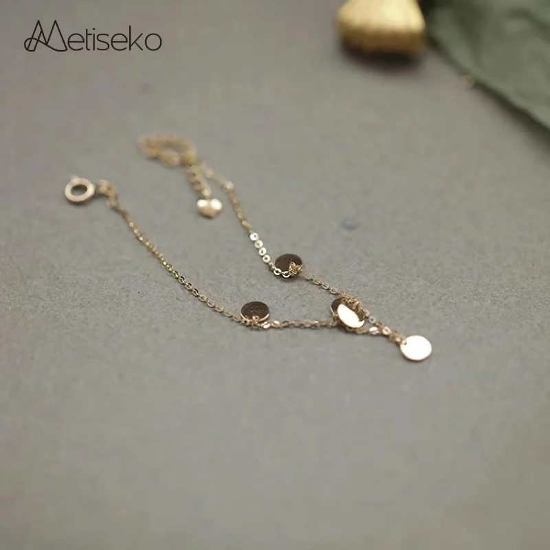 Metiseko 925 Sterling Silver 14K Gold Plated Shiny Disc Bracelet for Women Mini Round Glitters Slices Simple Korean Fashion
