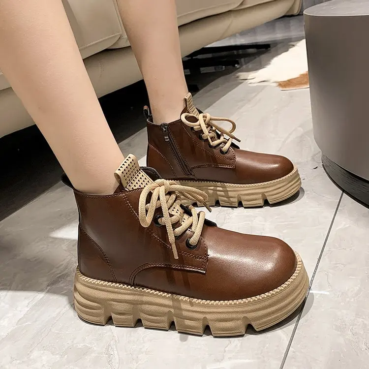 Women's Autumn Boots New Trend Retro Style Genuine Leather Round Toe Ankle Boots Thick Sole Casual Shoes for Women 2022 Luxury