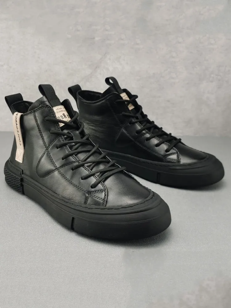 

Genuine Leather Mens Short Boots Fashion Lace Up Flat High Top Casual Sneakers New Autumn Winter Street Hip Hop Ankle Boots Male