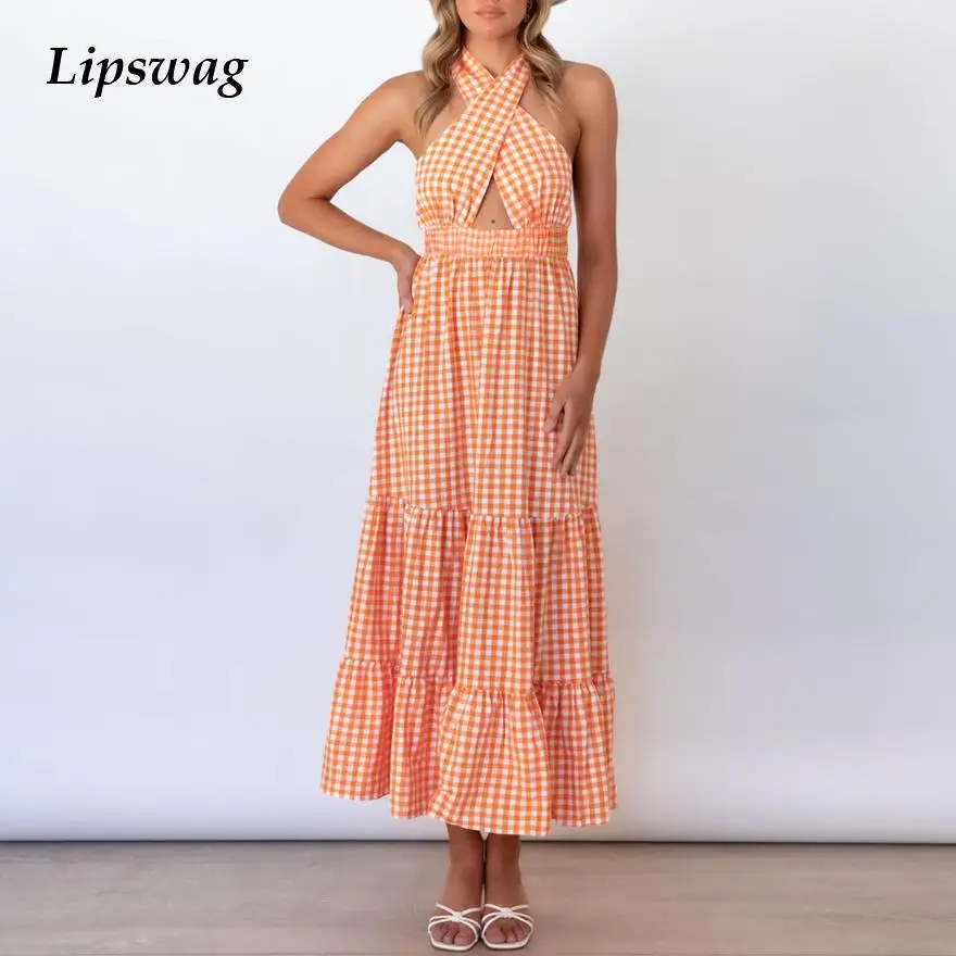

Женское платье с лямкой на шее, длинная клетчатая юбка в европейском и американском стиле, лето 2022