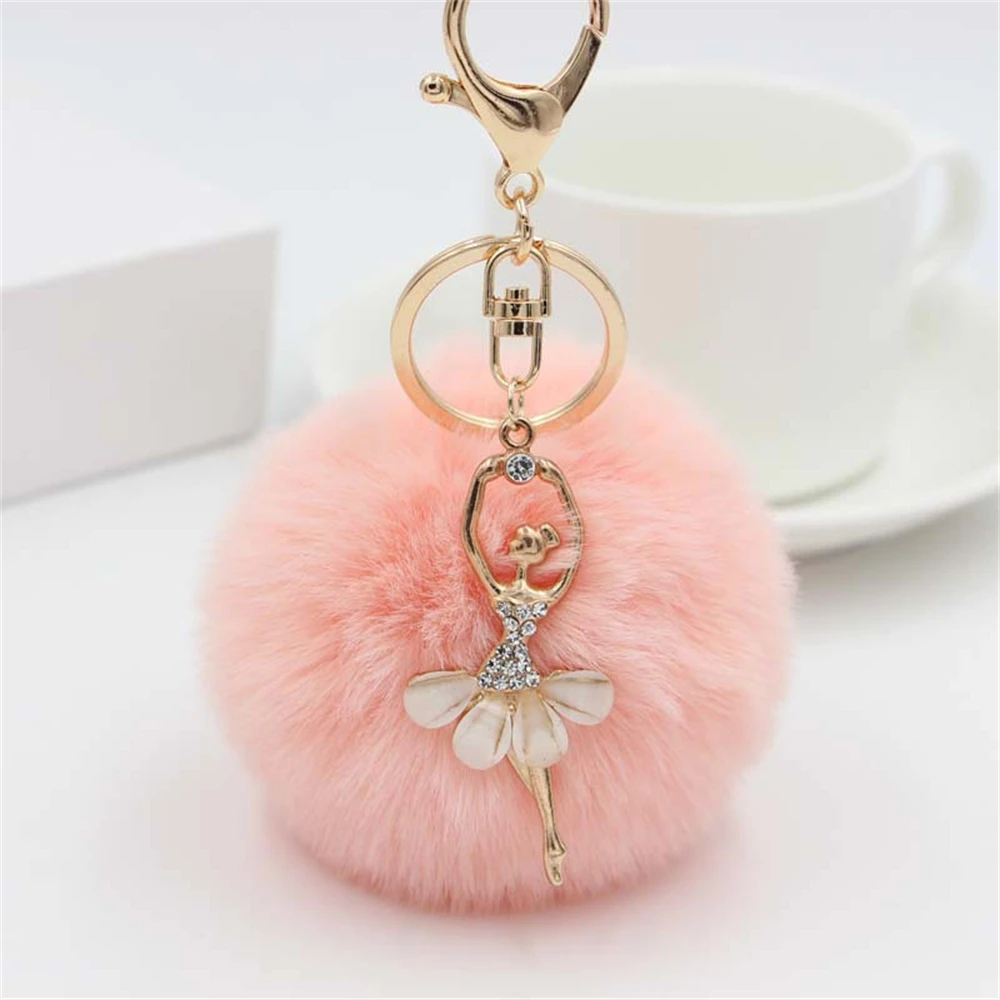 

Rhinestone Dancing Girl Keychain With Large Pompom Charm Cute Plush Ball Key Chain For Women Car Bag Key Holder Girl Accessories