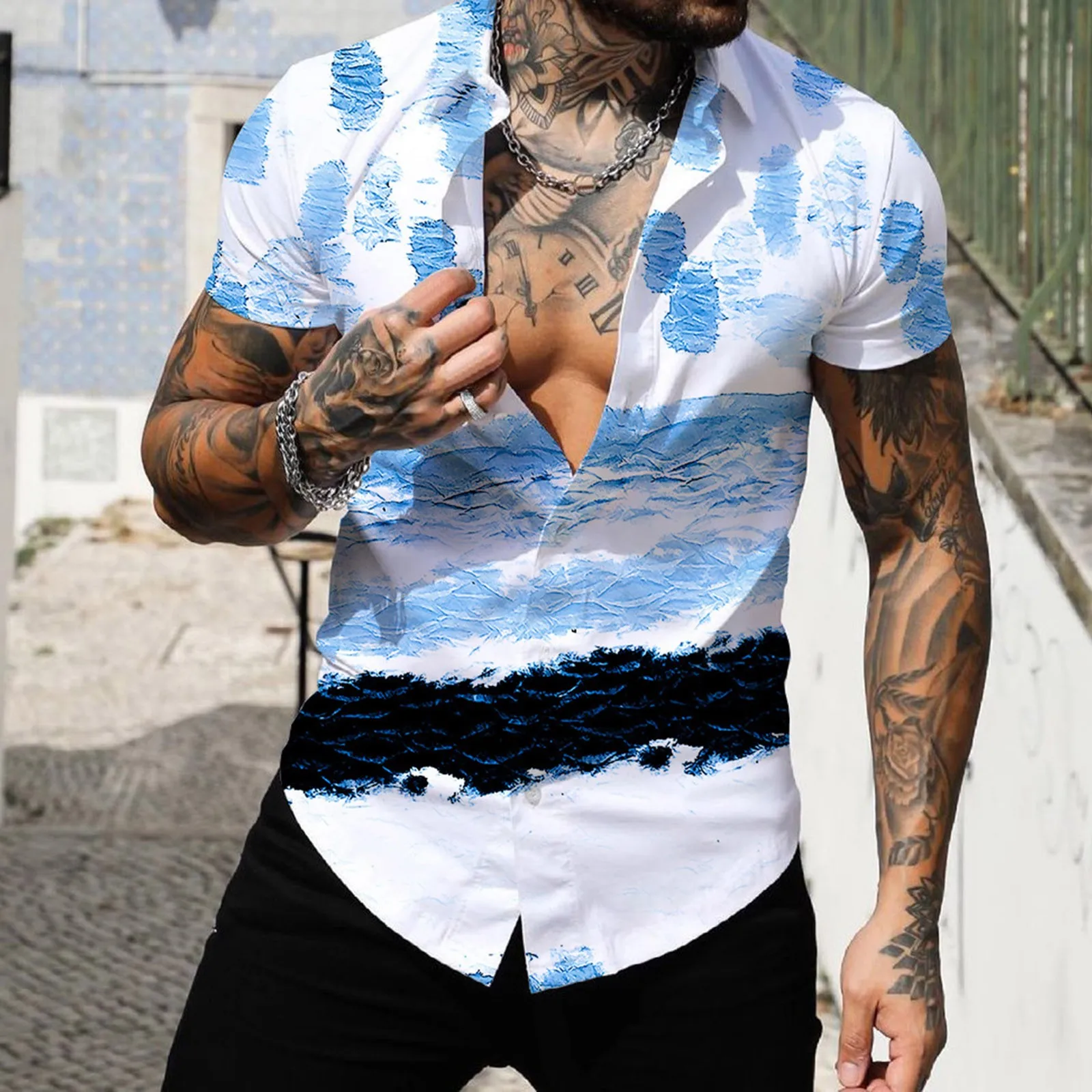 

Men Hawaiian Shirt Loose Top Waves Print Shirts For Men 2022 Fashion Beach Shirt Breathable Summer Short Sleeve Vintage Clothes