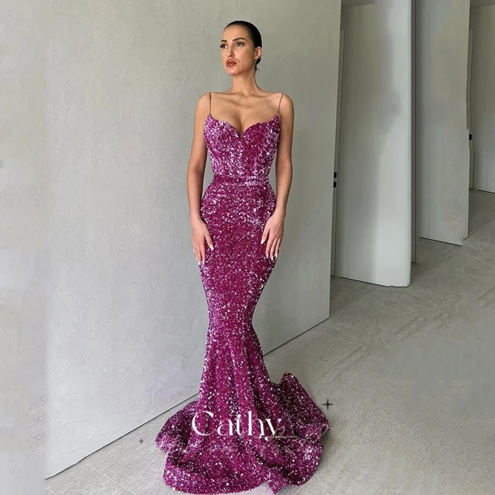 

Cathy Sexy Spaghetti Straps Prom Dresses Glitter Sequin Fishtail Evening Dresses Sexy Sweep Tail Vestidos De Fiesta فساتين السهر