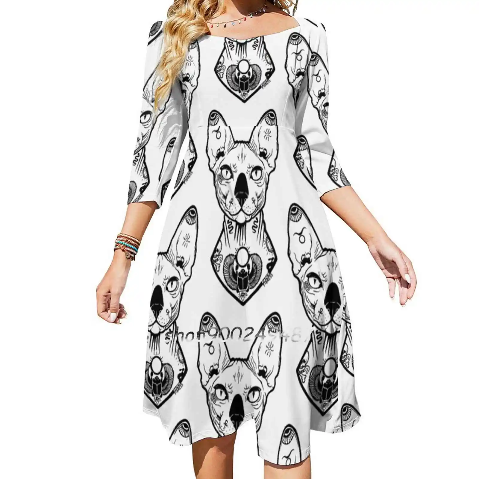 

Платье с квадратным вырезом и принтом кота, без волос