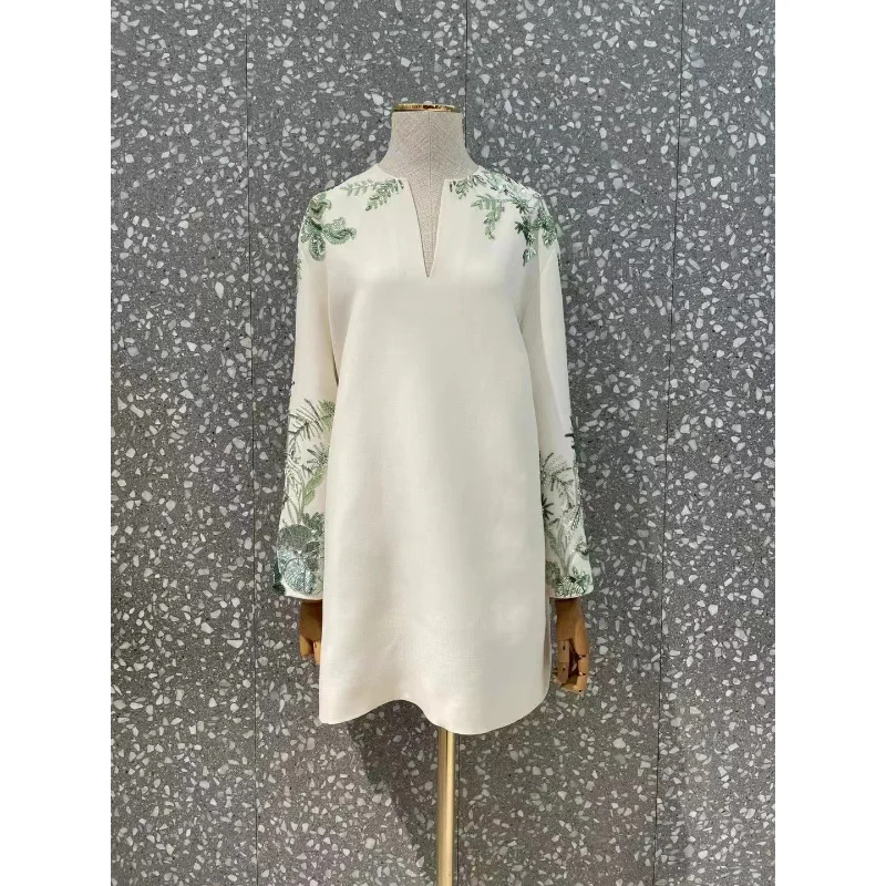 

Summer Women's White V-neck Mini Dress with Green Sequined Beading Embroidery Luxury Silk Wool Blend 2023