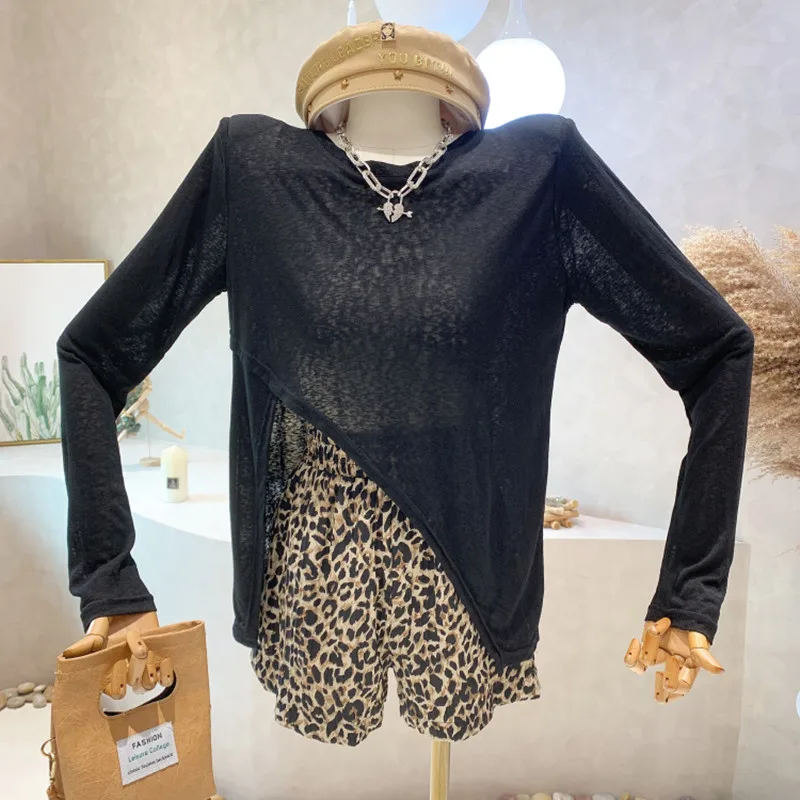 

Niche Design New Women's Clothing 2022 Summer Long Sleeve Thin Sunscreen Split Loose Top Leopard Wide Leg Shorts Two Piece Set