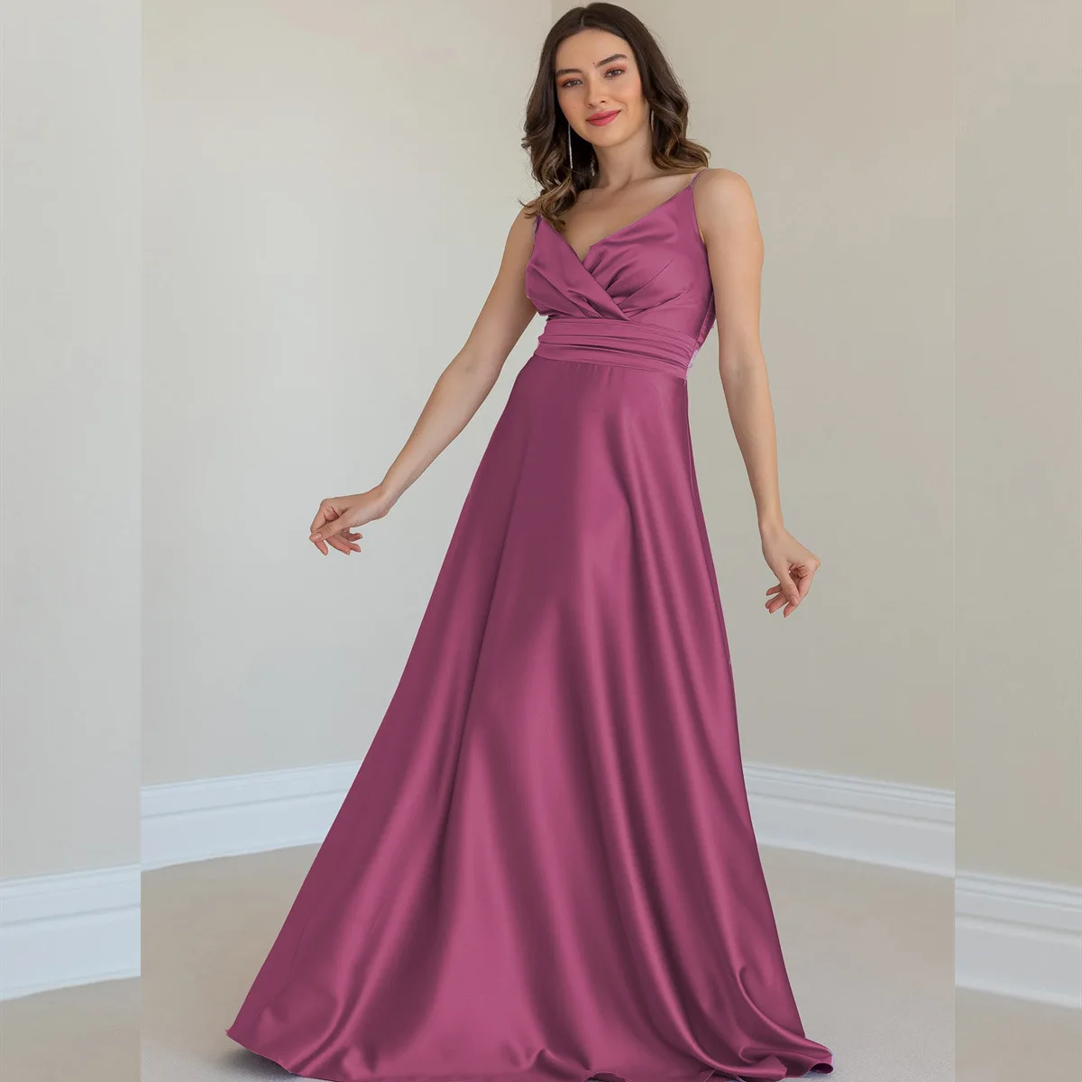 Women Elegant Soft Satin Party Dress Spaghetti V-neck Prom Evening Dress Fashion Sexy Slim Waist A-Line Formal Dresses