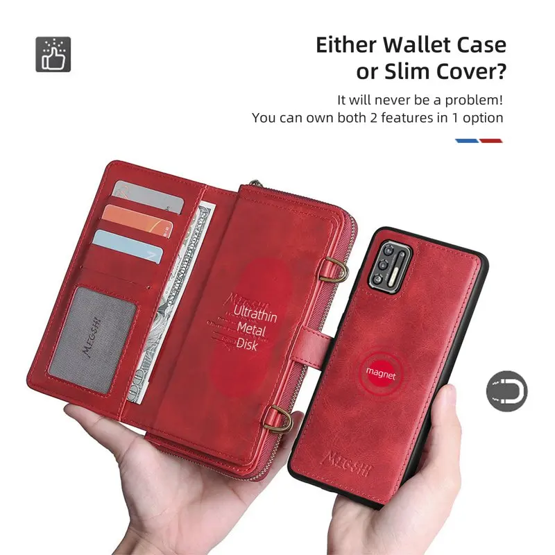 Moto G Stylus 5G 2021 Case, Premium  Flip Zipper Detachable Magnet Wallet Stand Card Holder Case with Crossbody Lanyard Strap Zi