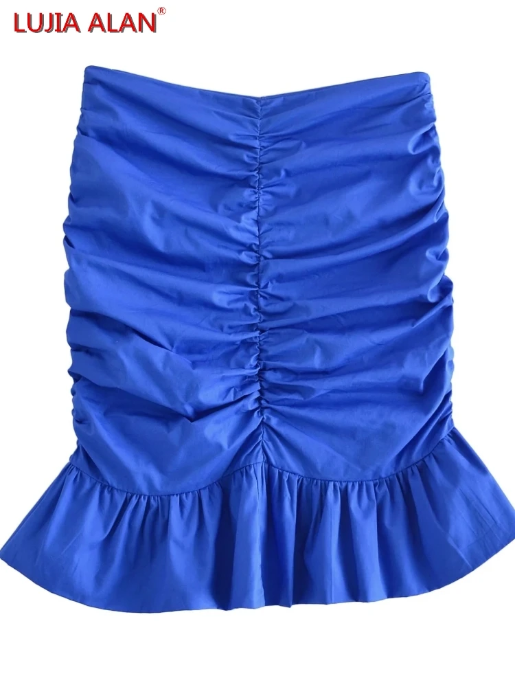 

Women Ruffled Hem Blue Mini Pleated Skirts Summer Female High Waist Loose Clothes LUJIA ALAN P2799