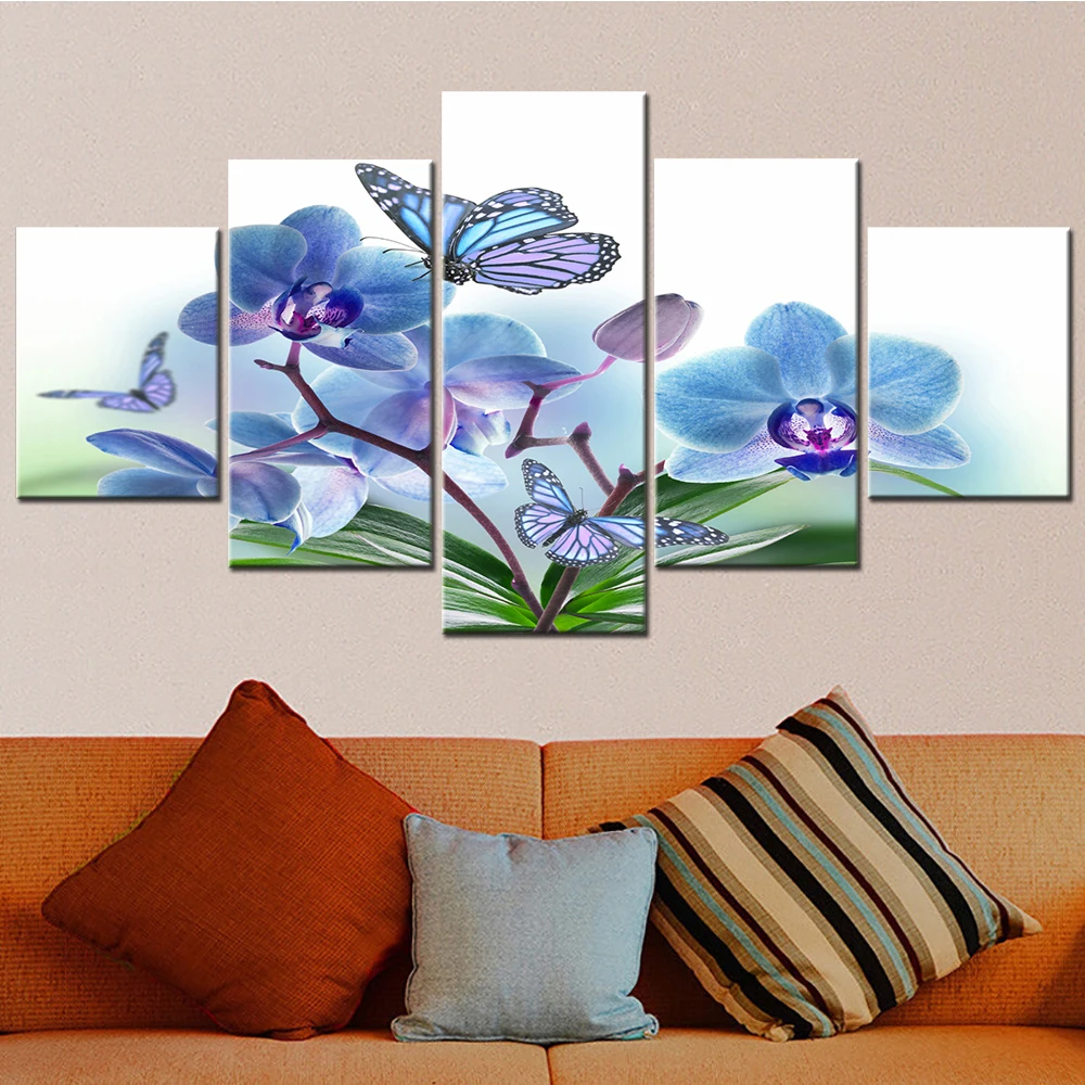 

Light Blue Orchid Butterfly Canvas Wall Art Pictures Modular Home Decoration Set Modern Posters Aesthetic Living Room Painting
