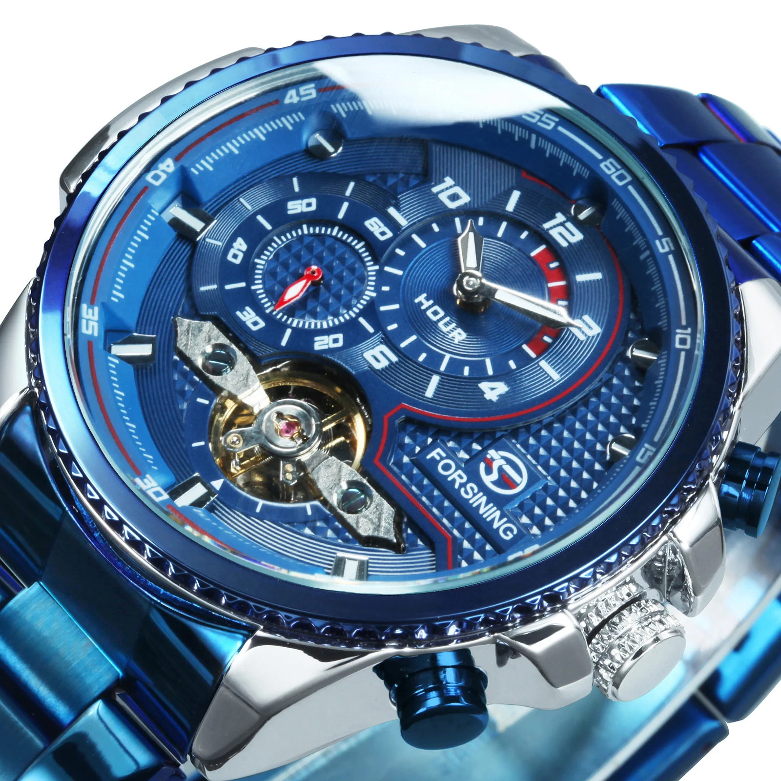 

FORSINING Fashion Sports Blue Mens Watches Leisure Automatic Mechanical Tourbillion Wristwatches Steel Strap relogio masculino