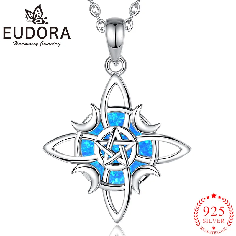

Eudora 925 Sterling Silver Witches Knot inlay Opal Necklace Moon Pentagram Celtic Knot Amulet Pendant Witch Jewelry for Women