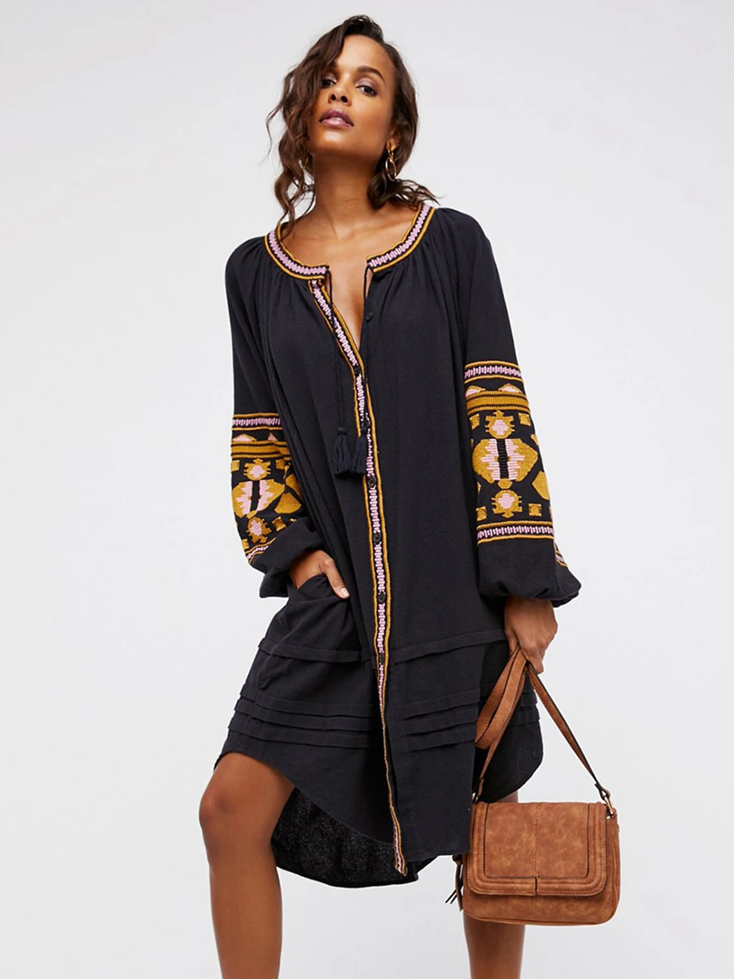 

Jastie 2022 Autumn Elegant Women's Dress Solid Floral Embroidery O-Neck Long Sleeve Casual Dresses Boho Beach Party Robe
