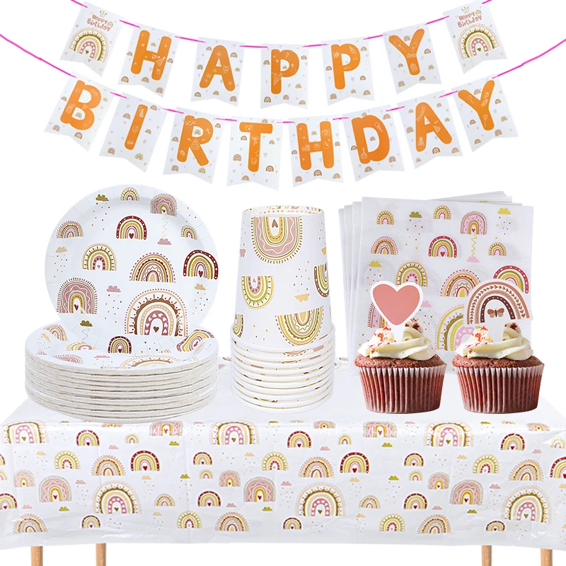 

Boho Rainbow Baby Shower Birthday Party Tableware Decorations Plates Napkins Banner Tablecloth Sets Bohemian Party Supplies