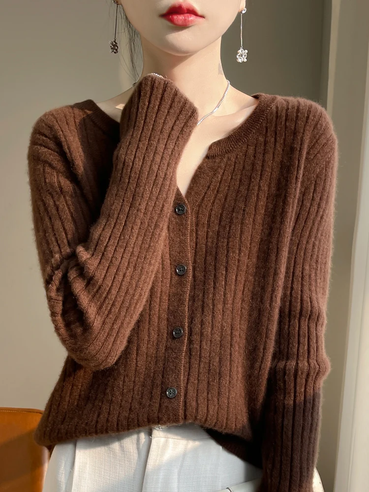 Новинка весенне-осенний утепленный кардиган в полоску Женский облегающий