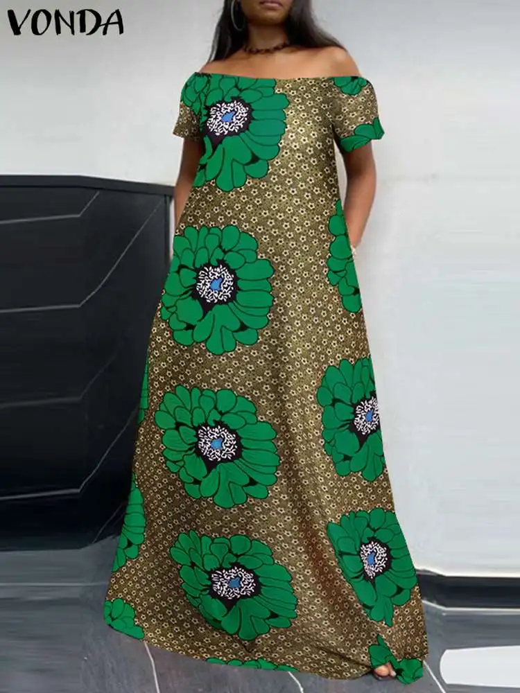 

Женское богемное платье VONDA, летнее макси-платье с цветочным принтом, длинный сарафан с коротким рукавом 2023, повседневный сексуальный пляжный халат с открытыми плечами