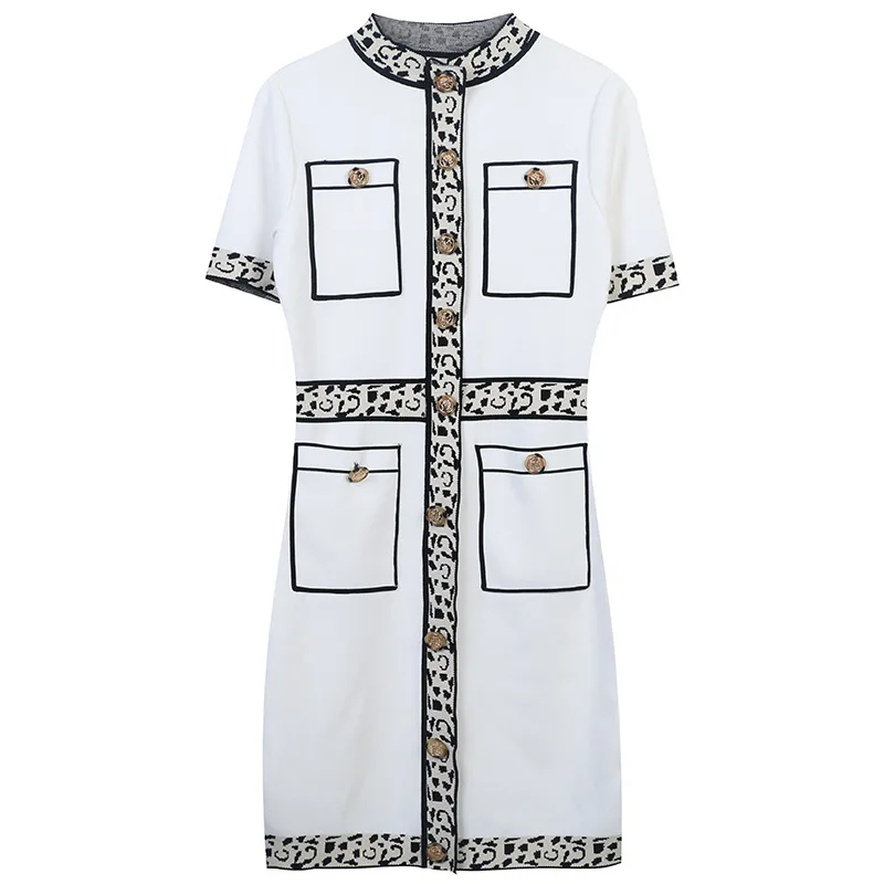 

Vintage Leopard Knitted Dresses for Women 2022 Summer Luxury Designer Elegant Short Sleeve Mini Sweater Dress Female